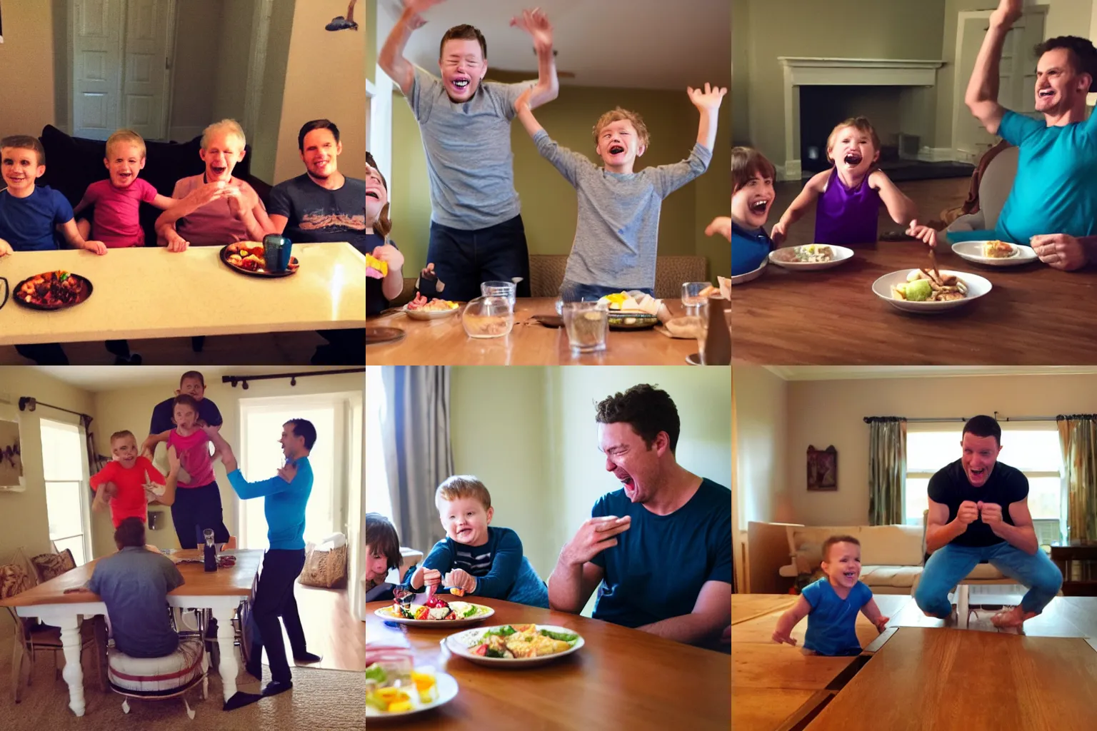 Prompt: family talking at supper, laughing, brother is athletic superhuman, in style of pixar,