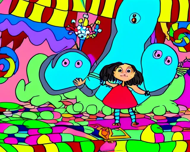 Image similar to Klasky-Csupo style cartoon about a young girl and her pet monster in a candyland. TV screenshot HD remaster
