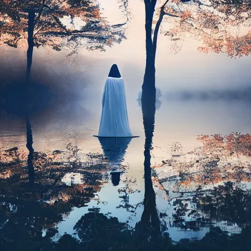 Prompt: a ghostly woman in a white dress rising from a misty lake dripping wet, high resolution photograph, autumn, sunrise, eerie light