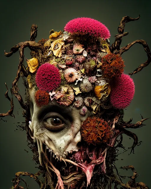 Image similar to a extremely disturbing horror photograph of a creature made out of rotten flowers and nature and fungus, intricate intertwining, hyperrealism, sharp focus, cinematography, highly detailed, octane render, horror cgi 4 k, matte, photograph by professional photographer