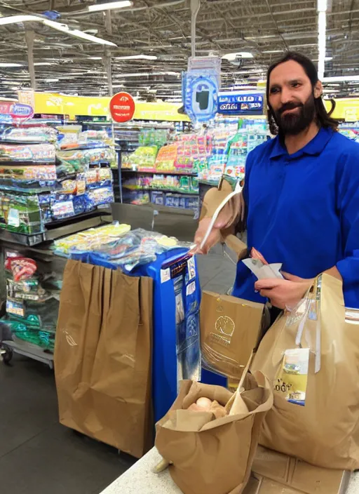 Image similar to jesus looking nervous bagging groceries on a hot day at walmart