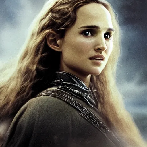 Prompt: a still from “ lord of the rings ” of a head and shoulders portrait of natalie portman as a magical paladin, photo by phil noto