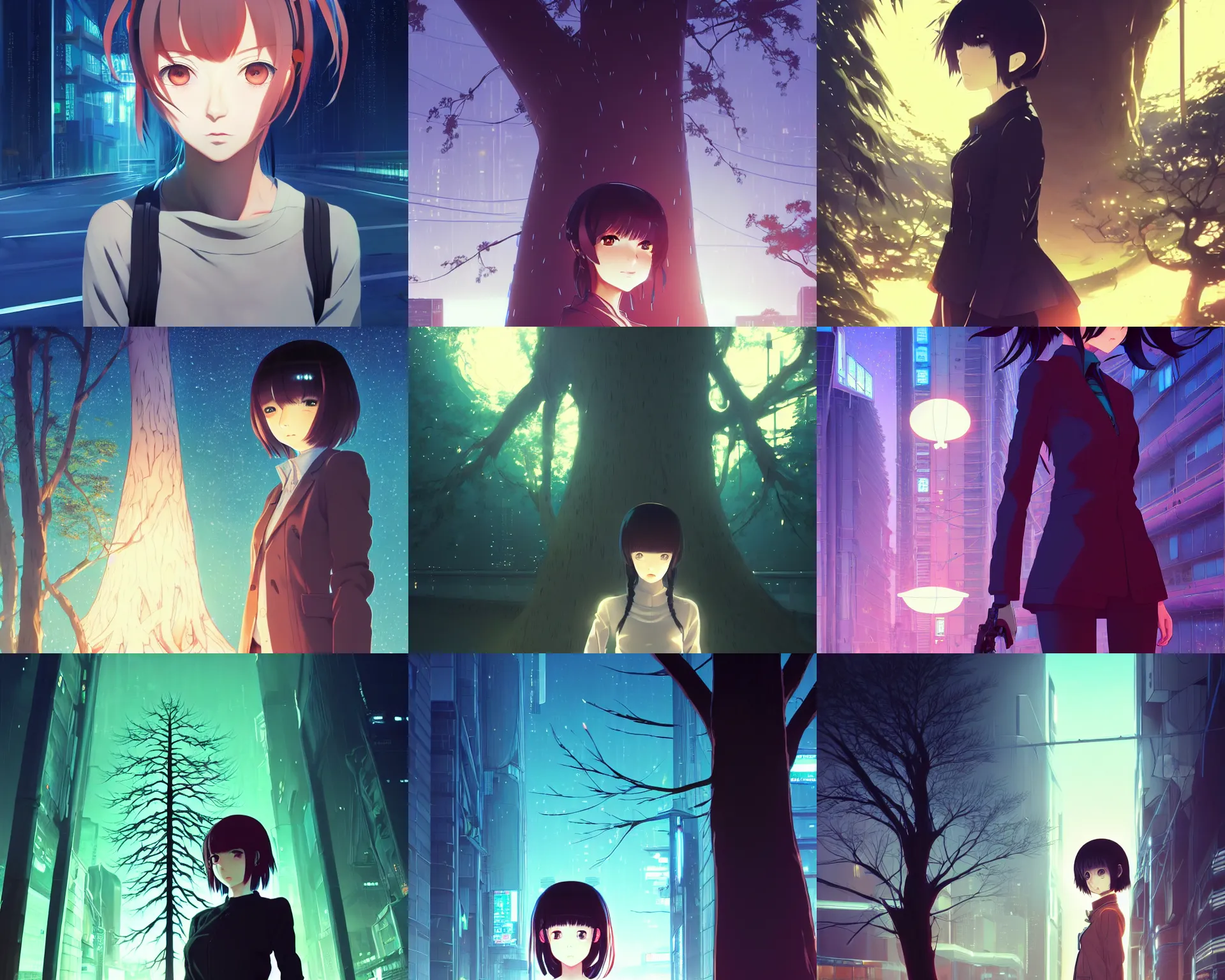 Prompt: anime visual, portrait of a young female traveler at night looking at a biomechanical cyberpunk tree, low light, cute face by ilya kuvshinov, yoh yoshinari, makoto shinkai, dynamic pose, dynamic perspective, cel shaded, flat shading mucha, rounded eyes, moody, detailed facial features, psycho pass, lomography