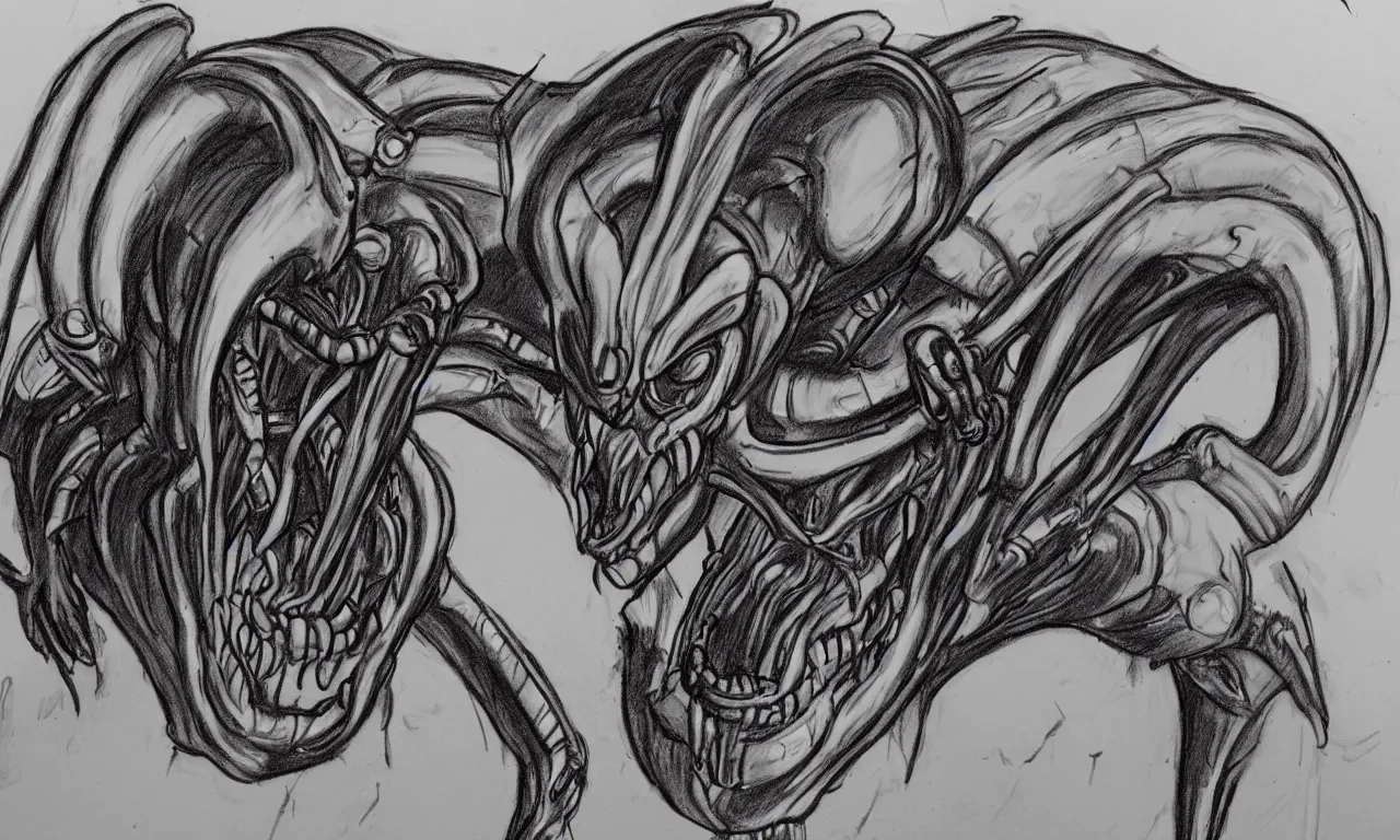 Image similar to a bad distorted rough sketch of one xenomorph drawn by a 4 year old kid