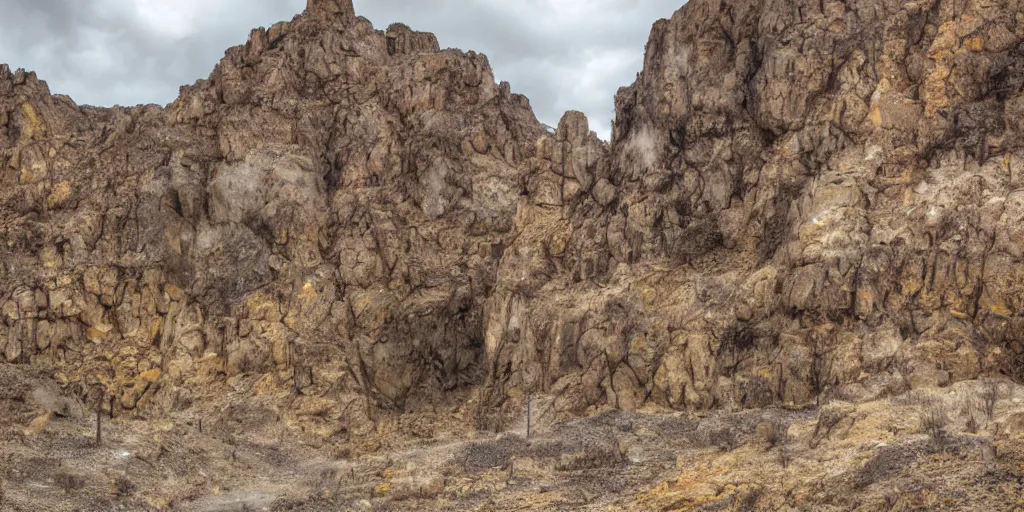 Image similar to a rocky face and dark entrance to an underground gold mine, tunnel, rock cliffs, mine carts, miners, cloudy sky, sparse trees, by John Chamberlain and Alex Gray