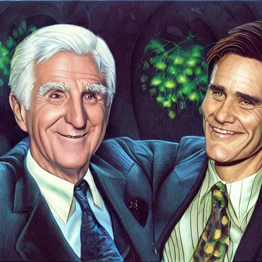 Image similar to Leslie Nielsen and Jim Carrey, artwork by Daniel Merriam,