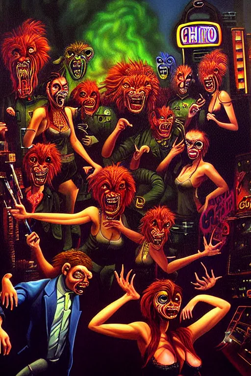 Prompt: a hyperrealistic painting of a chimera riot at the casino, cinematic horror by chris cunningham, lisa frank, richard corben, highly detailed, vivid color,