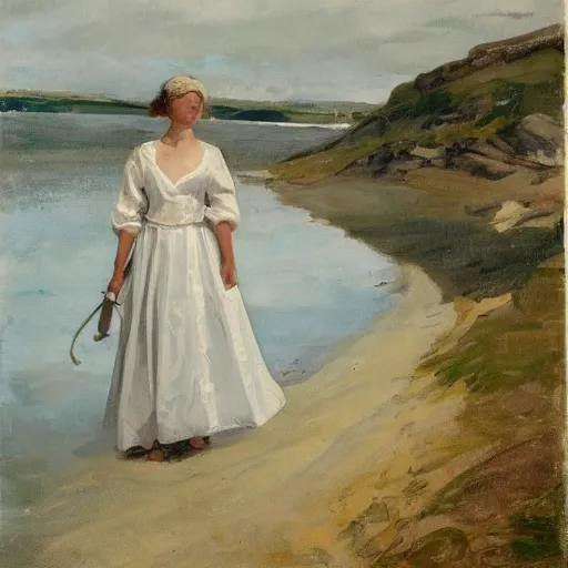 Image similar to a young woman wearing a white dress on a Swedish beach, a small rowboat is visible, in the style of anders zorn