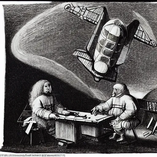 Prompt: drawings of the space shuttle scattered around on the table of leonardo da vinci, dark studio room, lonely, candlelight