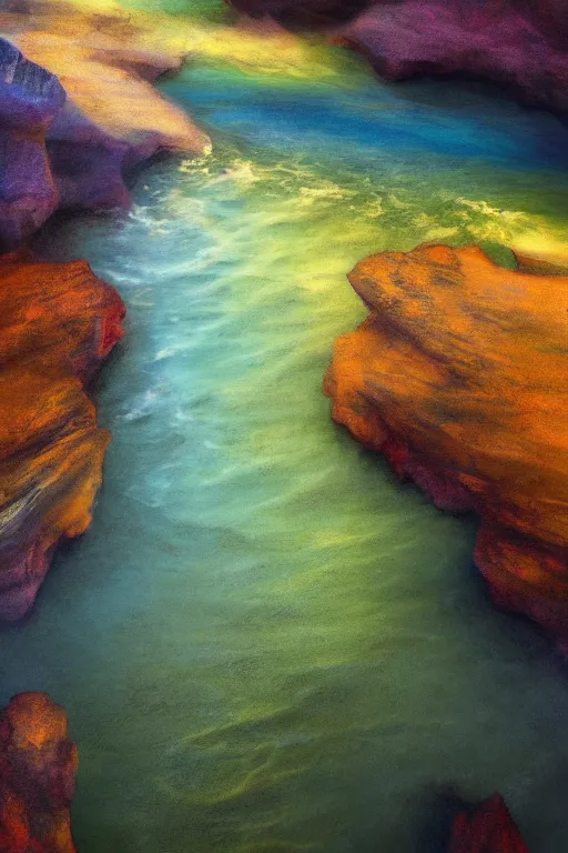 Prompt: electric river mouth, painted by frank wu and peter lloyd, trending on artstation, rembrandt lighting front view iridescent colors, chalk art, macro, magic realism, manierism