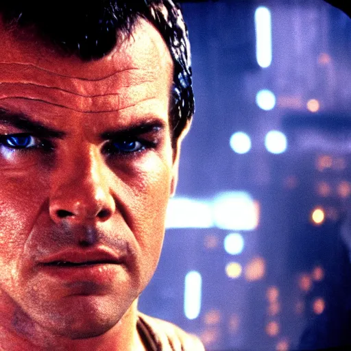 Image similar to young Jack Nicholson as Rick Deckard on blade runner 1982, slightly smiling, wide angle lens, movie still, in color, movie frame, detailed face, symmetrical face, 4k