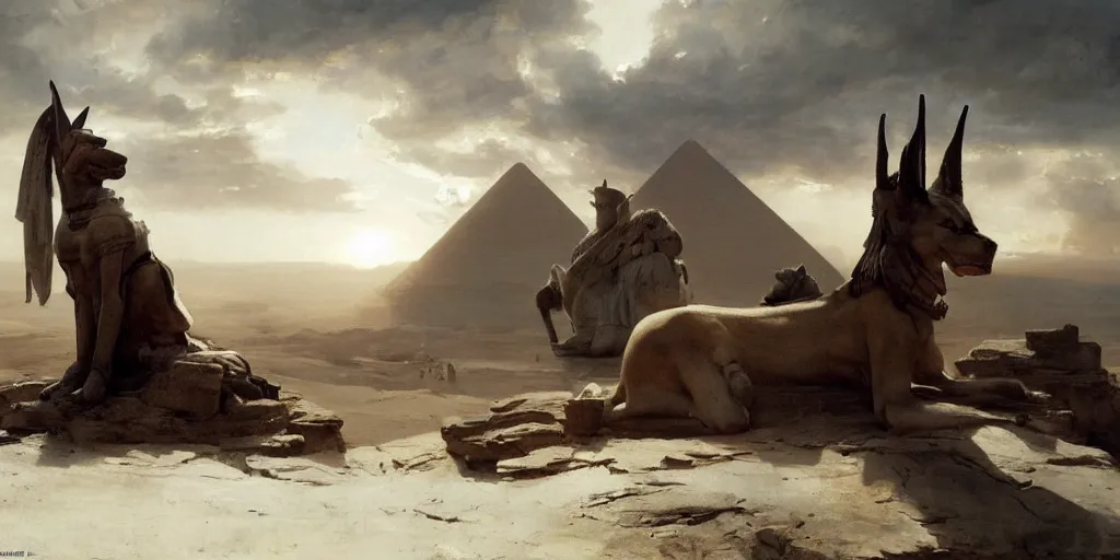 Image similar to beautiful landscape oil matte painting, of ancient egyptian giant satue of anubis, art by anders zorn, wonderful masterpiece by greg rutkowski, beautiful cinematic light, american romanticism, by thomas lawrence, greg rutkowski