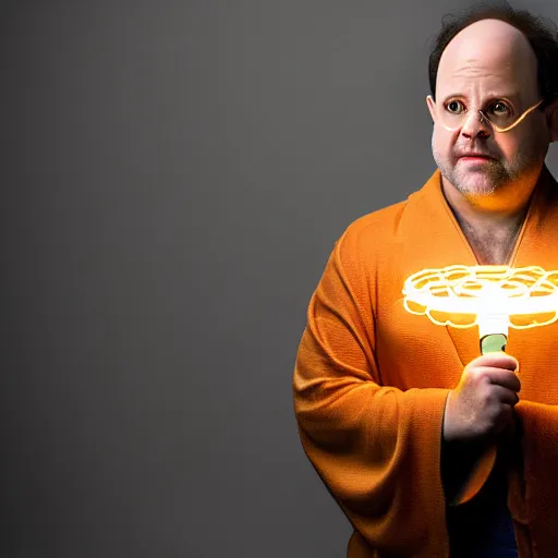 Image similar to uhd candid photo of jason alexander as a super sayian, glowing, global illumination, studio lighting, radiant light, detailed, correct face, elaborate intricate costume. photo by annie leibowitz