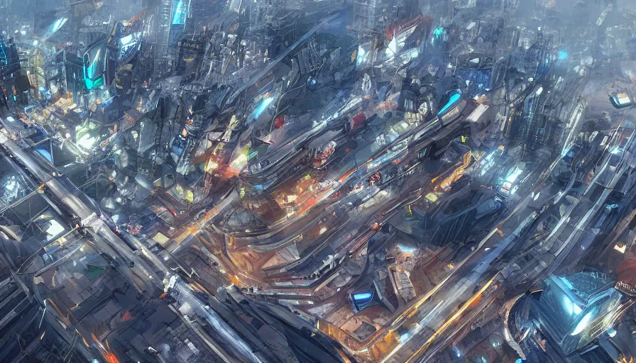 Prompt: city of tokyo with flying cars, futuristic train station, humongous center of the city, hyperdetailed, artstation, cgsociety, 8 k