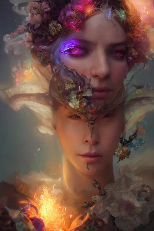 Prompt: face closeup of beautiful woman necromancer, magical fairy exploding into flowers and ice, angels, 3 d render, hyper - realistic detailed portrait, holding fire and electricity rainbow, ruan jia, wlop. scifi, fantasy, magic the gathering, hyper detailed, octane render, concept art, peter mohrbacher