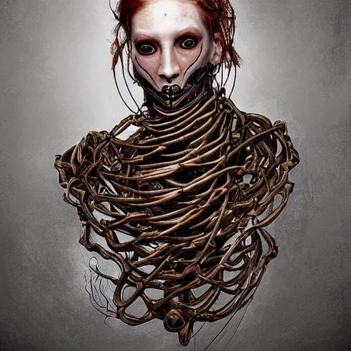 Prompt: portrait of a Shibari rope wrapped face and neck, headshot, insanely nice professional hair style, dramatic hair color, digital painting, of a old 13th century, biomechanical cyborg banker, amber jewels, baroque, ornate clothing, scifi, realistic, hyperdetailed, chiaroscuro, concept art, art by Franz Hals and Jon Foster and Ayami Kojima and Amano and Karol Bak,