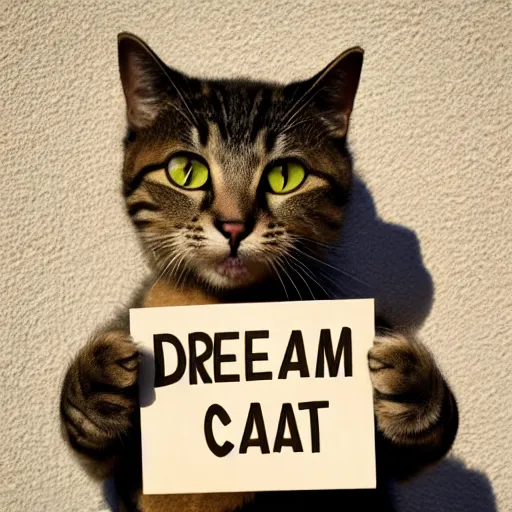 Prompt: realistic high quality photo of a cute cat holding a sign with text that reads : dream, cat, cas, cat dreamcats