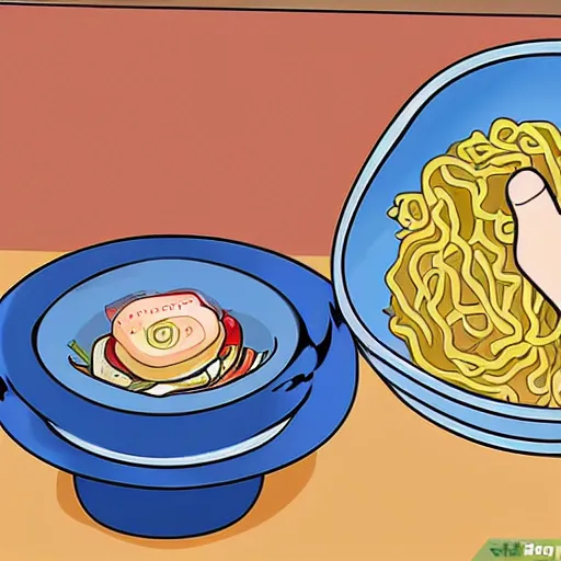 Prompt: wikihow illustration how to put ramen in your shoe