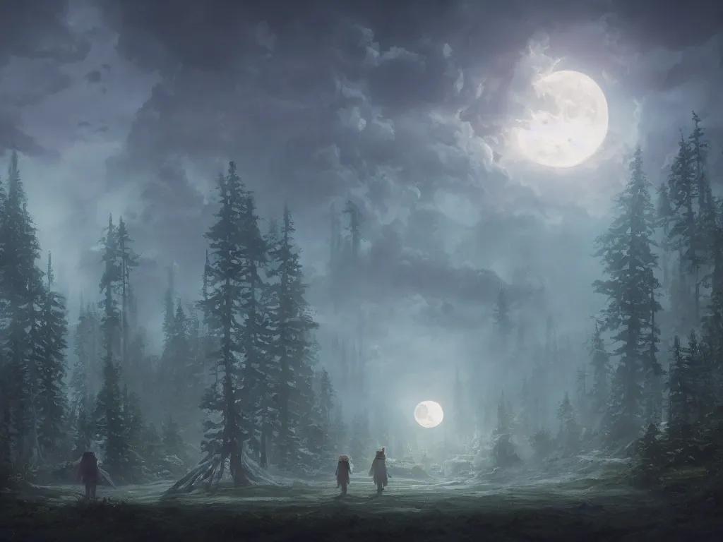 Prompt: A highly detailed matte painting of the doomsday at night, moon, forest, by Studio Ghibli, Makoto Shinkai, by Artgerm, by WLOP, by Greg Rutkowski, volumetric lighting, octane render, 4K resolution, trending on artstation, masterpiece