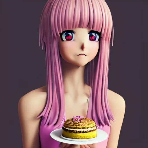 Image similar to Render of a beautiful 3d anime woman holding a birthday cake to show the camera, long light pink hair, full bangs, hazel eyes, cute freckles, full round face, smug smile, Chinese heritage, cute checkerboard sundress, golden hour, serene beach setting, medium shot, mid-shot, hyperdetailed, trending on Artstation, Unreal Engine 4k