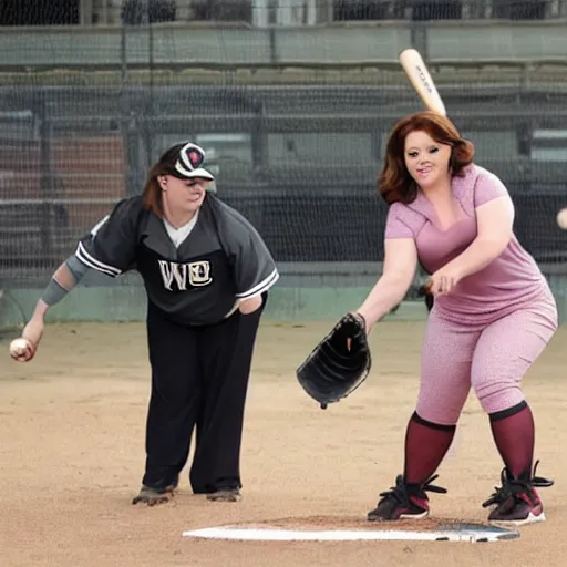 Image similar to actress Melissa McCarthy playing baseball