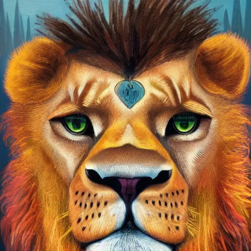 Prompt: portrait of a young disillusioned male anthro lion, by louis wain and simon stalenhag and johanna martine, trending on artstation