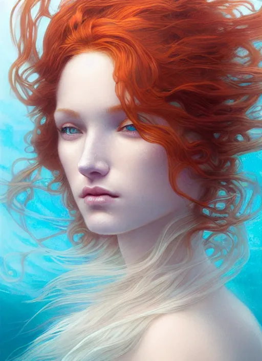 Image similar to goddess of the ocean!! portrait of a seductive redhead queen in underwater murky light, wind blown hair! fantasy esoteric, closeup, d & d, fantasy, intricate, elegant, highly detailed, digital painting, artstation, concept art, matte, sharp focus, illustration, art by artgerm and tom bagshaw and greg rutkowski and alphonse mucha
