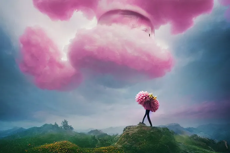 Image similar to giant dahlia flower crown under head, girl walking on mountain, surreal photography, pink storm clouds, dramatic light, impressionist painting, digital painting, artstation, simon stalenhag