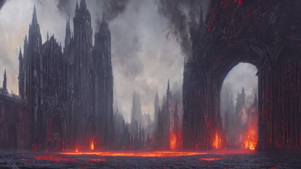 Prompt: an obsidian gothic cathedral with an extremely giant steel door and a path leading to it with several horse-drawn carriages on it, in the elemental plane of fire, with rivers of lava surrounding it, Dungeon and Dragon illustration, painted by Greg Rutkowski, 4k, trending on ArtStation