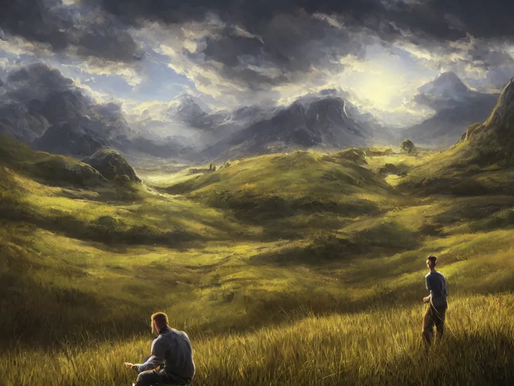 Image similar to a cinematic landscape view looking at an open field, a man sits in the field looking at the sky, mountains in the distance with a river running down, the sun shines through the parted clouds, digital painting, fantasy, art by alexandre mahboubi and christophe oliver