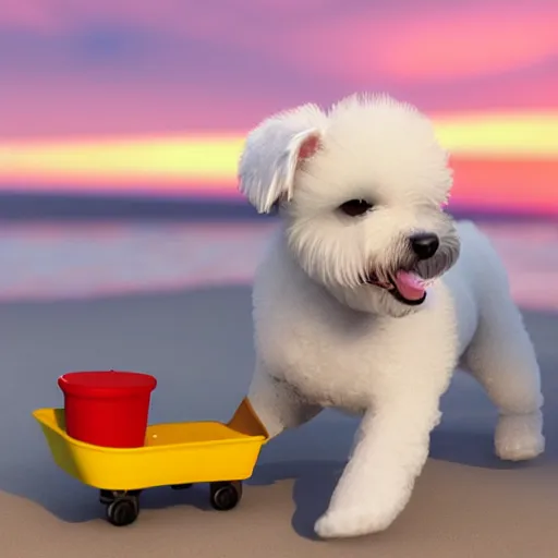 Image similar to a photorealistic photograph of a smiling white Bichon Frisé puppy pulling a little red wagon that is overflowing with french fries during sunset at the beach Trending on Artstation, featured on Behance, well-rendered, Unreal Engine, 4K HD