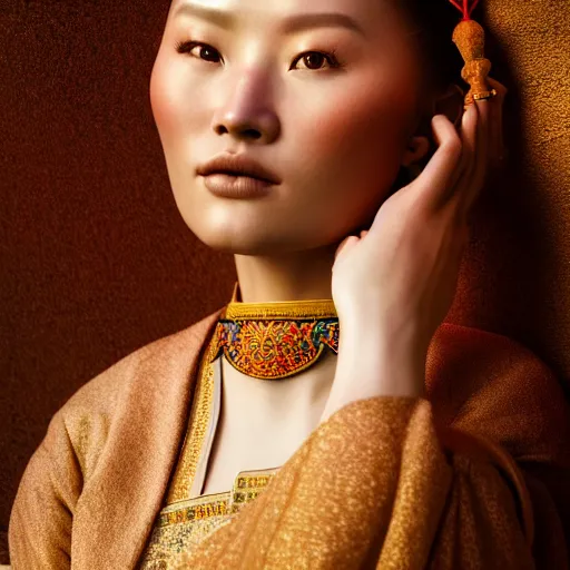 Image similar to photographic portrait of a stunningly beautiful renaissance mongol female in traditional dress in soft dreamy light at sunset, contemporary fashion shoot, by edward robert hughes, annie leibovitz and steve mccurry, david lazar, jimmy nelsson, breathtaking, 8 k resolution, extremely detailed, beautiful, establishing shot, artistic, hyperrealistic, beautiful face, octane render