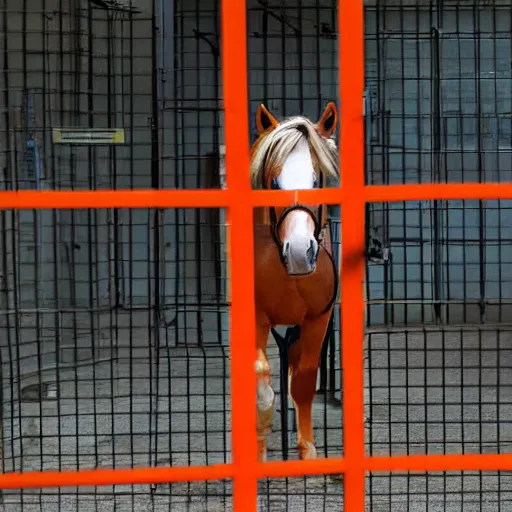 Image similar to horse wearing orange inmate clothes, in a jail