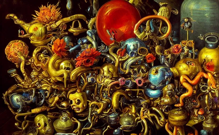 Image similar to disturbing colorful oil painting dutch golden age vanitas still life deep perspective with bizarre recursive humanoid faces strange beautiful flowers metal objects shiny gooey surfaces shiny metal bizarre insects rachel ruysch dali todd schorr very detailed perfect composition rule of thirds masterpiece canon 5 0 mm, cinematic lighting, chiaroscuro