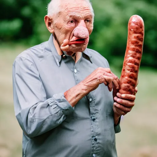 Prompt: An elderly man with a sausage for a nose, Canon EOS R3, f/1.4, ISO 200, 1/160s, 8K, RAW, unedited, symmetrical balance, in-frame