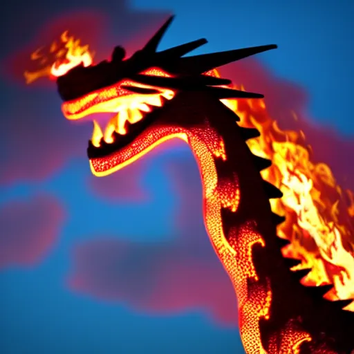 Prompt: hyperrealistic fire breathing dragon igniting the sky with its flames, 8 k.