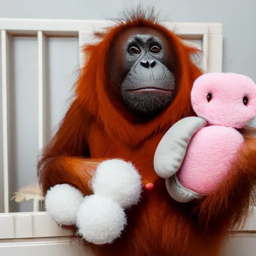 Image similar to an orangutan holding a stuffed grey bunny, in a girls bedroom, wearing makeup and lipstick, wearing a big fluffy pink dress, 24mm