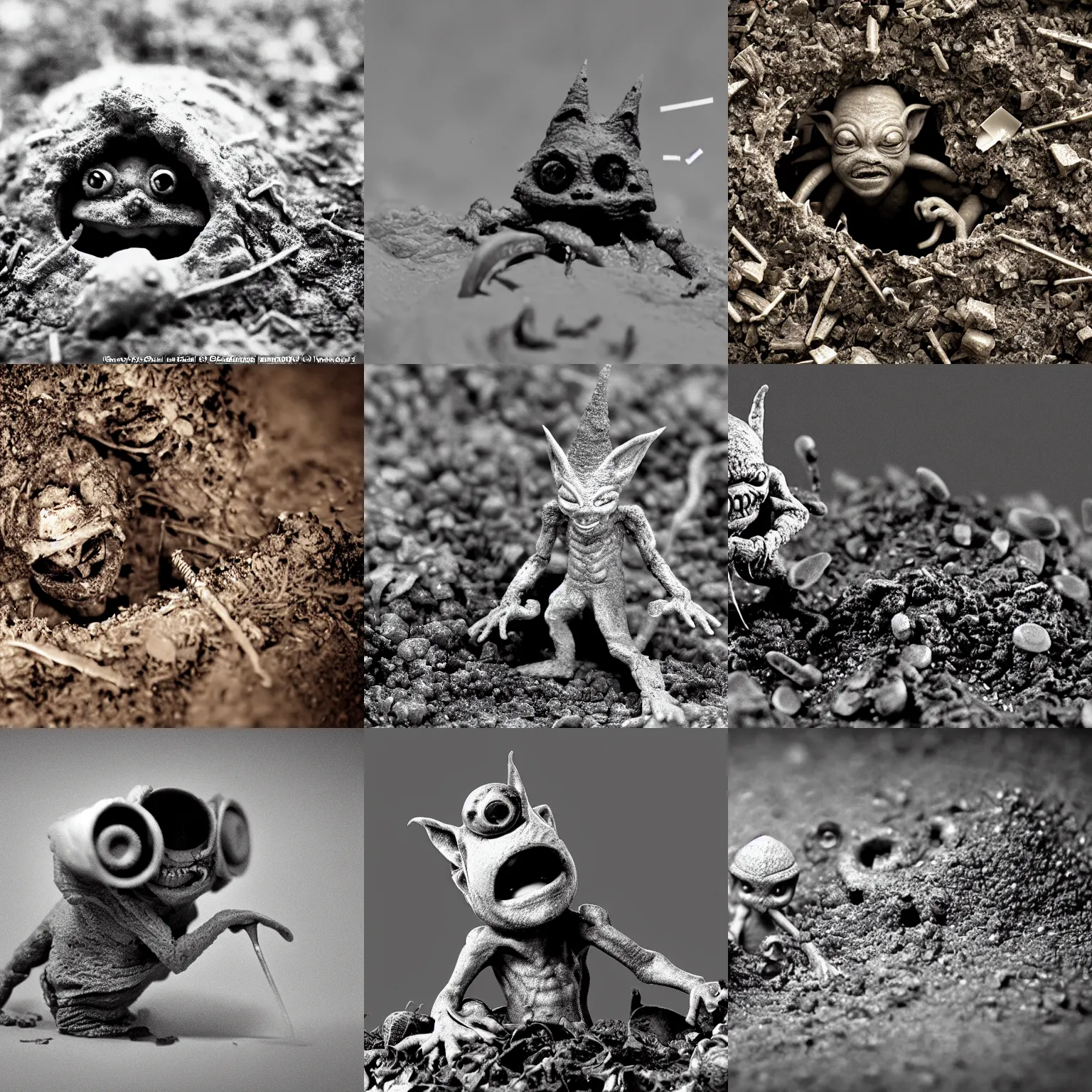 Prompt: scanning electron microscope image of microscopic goblin hiding amongst detritus