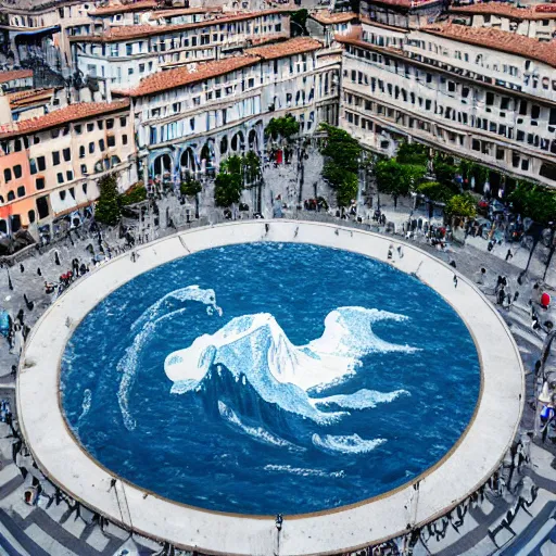 Prompt: A white and blue marble sculpture of The Great Wave off Kanagawa in the middle of an Italian piazza without people, midday, 4k photograph, sunny day, long shot, overhead view, far away