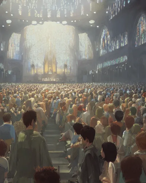 Image similar to ghibli and craig mullins digital matte art of a crowd in a futuristic church, priest, pews, ethereal, inviting, bright, unreal engine, hyper realism, realistic shading, cinematic composition, realistic render, octane render, detailed textures, photorealistic, wide shot