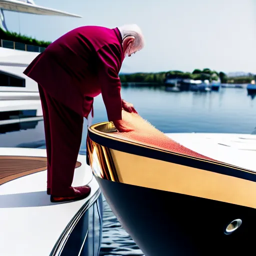 Prompt: wrinkled hunchbacked old man in burgundy suit, polishing painting the side of a gold plated mega yacht with a cloth, maintenance photo