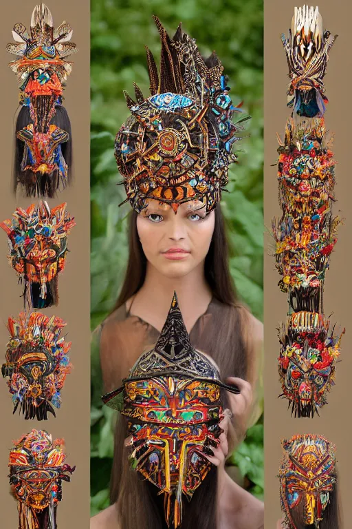 Prompt: ornate cyber tribal headpiece, ritual floral robes, esoteric fasion