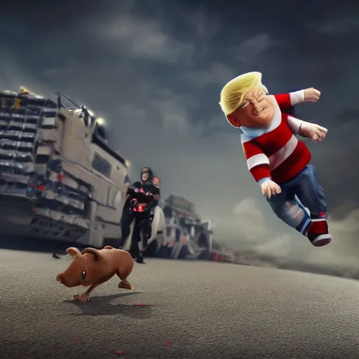 Image similar to trump chasing a child, octane render, highly detailed, hyper realistic.