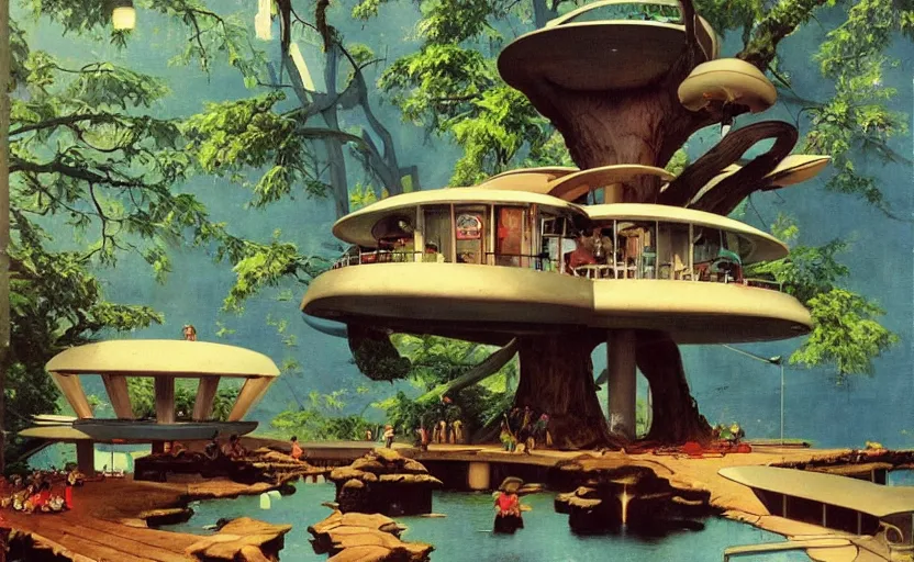 Image similar to a scene of futuristic treehouse lounge by water.. highly detailed science fiction painting by norman rockwell, frank frazetta, and syd mead. rich colors, high contrast, gloomy atmosphere, dark background. trending on artstation