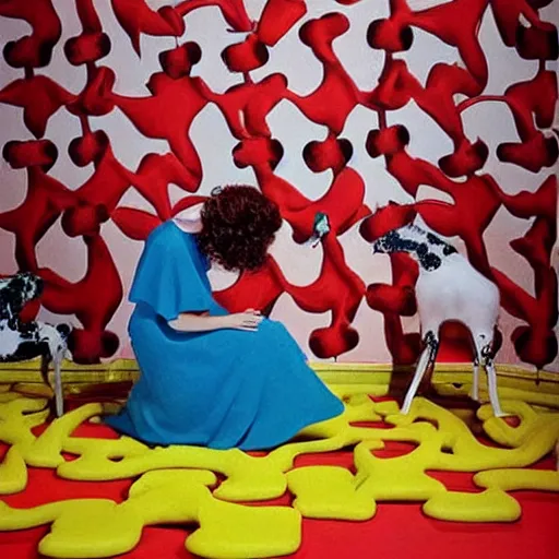 Image similar to a portrait of a beautiful fashion model that is curling her hair and hir dogs in the curls. surreal photograph, toiletpaper magazine, 3 5 mm photograph, colourful, by pierpaolo ferrari, maurizio cattelan, sandy skoglund, georges de la tour