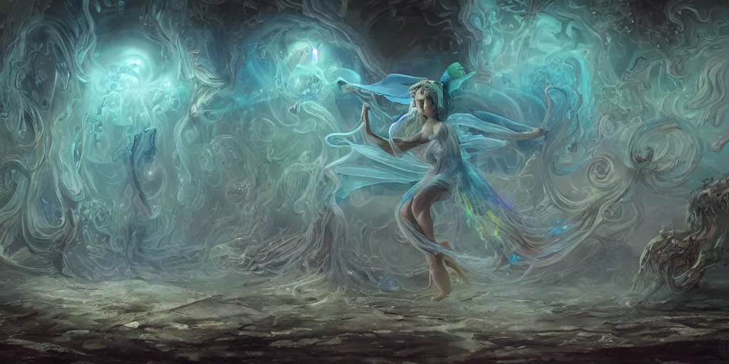 Prompt: concept art of translucent glowing curvy fairy dancing, lovecraftian, surrealism, renaissance, melting, round moons, rich clouds, fighting the horrors of the unknown, very detailed, volumetric light, mist, fine art, decaying, textured oil over canvas, epic fantasy art, very colorful, ornate intricate scales, floor of skulls, fractal gems