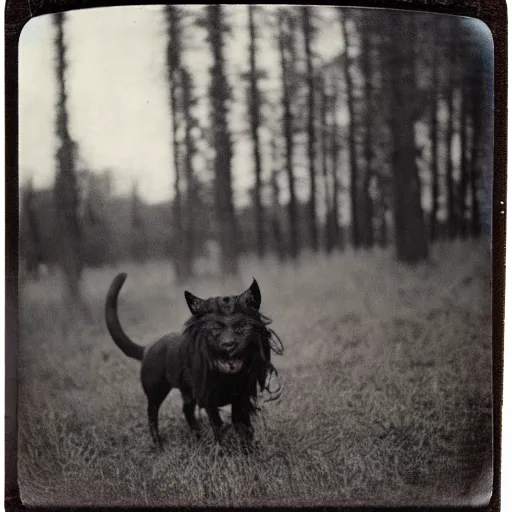 Prompt: old polaroid depicting a hellhound with white eyes and long sharp teeth, at a clearing, at dusk