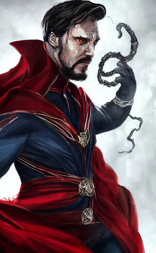 Image similar to venom as doctor strange, black and red suit, dynamic lighting, photorealistic fantasy concept art, trending on art station, stunning visuals, terrifying, creative, cinematic