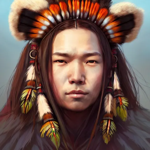 Image similar to anime portrait of a American native shaman wearing a bear headdress by Stanley Artgerm Lau, WLOP, Rossdraws, James Jean, Andrei Riabovitchev, Marc Simonetti, and Sakimichan, trending on artstation