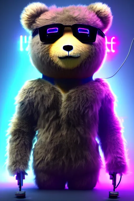 Image similar to high quality 3 d render very cute fluffy cyberpunk bear! plays electric guitar, cyberpunk highly detailed, unreal engine cinematic smooth, in the style of blade runner & detective pikachu, hannah yata charlie immer, moody light, low angle, uhd 8 k, sharp focus